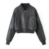 Womens Winter Faux Leather Zipper Jacket Classic Retro Street Style Batwing Cut Short Length In Black Gray Brown