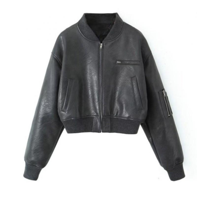 Womens Winter Faux Leather Zipper Jacket Classic Retro Street Style Batwing Cut Short Length In Black Gray Brown