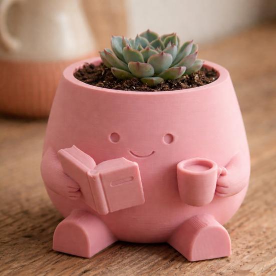 Sød Smilende Ansigt Planteholder, 3D Printet Læsende Hoved Planteholder, Siddende Figur Med Bog Og Kop Plante Pot til Sukkulenter Kaktus Skrivebordsdekoration