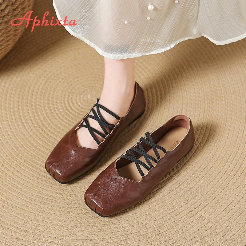 Fashion Aphixta Square Toe Black Flats Shoes Slip On Elastic Bands Cross Straps Womens Shoes Elegant Flat with Ladies Shoes