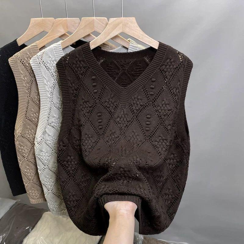 Dámská pletená vesta s výstřihem do V a průstřihy, módní všestranný kardigan, svrchní oděv, stylový tenký top gilet