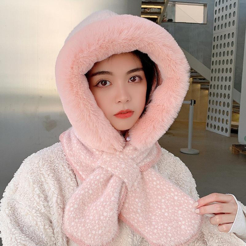 Winter Plush Hat With Scarf For Adults Pure Color Cozy Windproof Korean Style