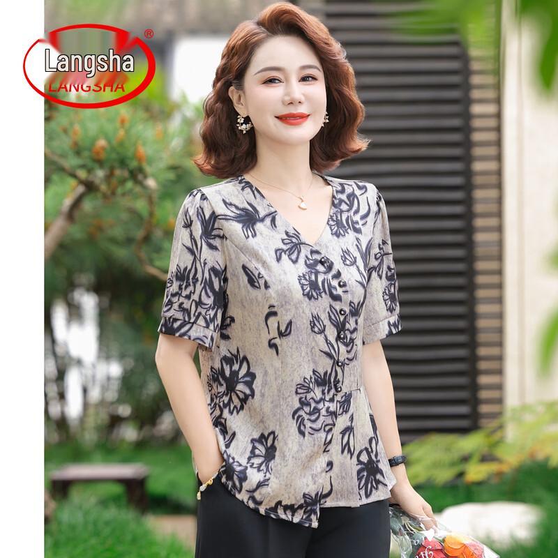 

LangSha Mid-Aged Women s Floral Chinese Style T-Shirt 3XL
