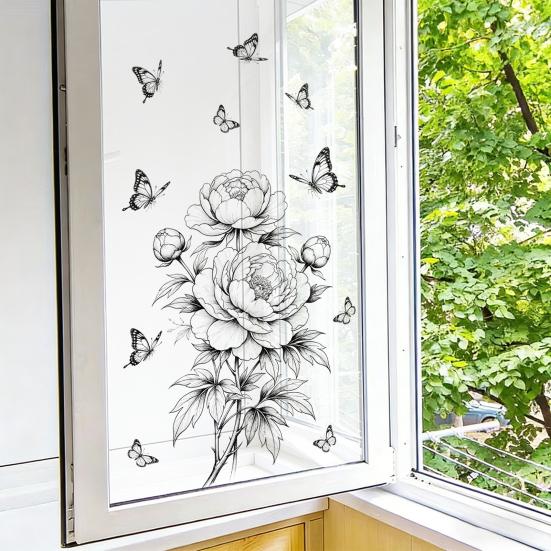 Large Peony Window Cling Sketch Style Flower Butterfly Window Decal Removable Static Glass Door Window Sticker for Bedroom Living Room Kitchen