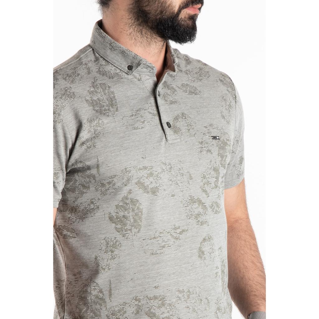 Tricou pentru bărbați, bej, abstract jacquard, cu gât polo