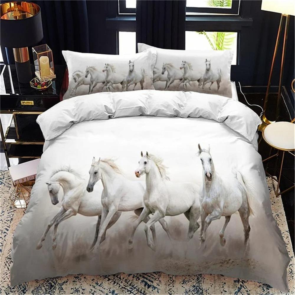 White Horse Bedding Set Boys Girls Twin Queen Size Duvet Cover Pillowcase Bed Kids Adult Fashion Home Textileextile