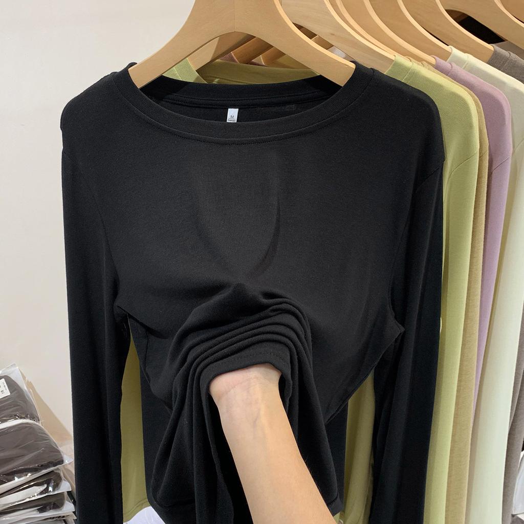 Long sleeve T-shirt women spring and autumn new loose everything with solid color crew-neck base shirt with elastic thin shirt