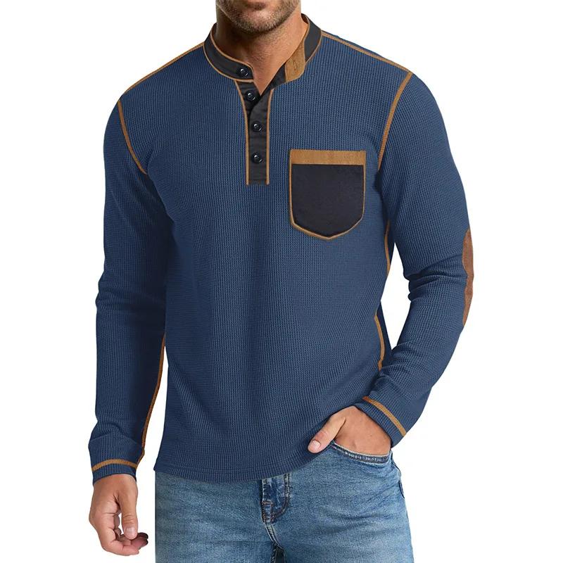 Men's Long Sleeve Stand Collar Henry Tshirt Casual Cotton Patchwork T-Shirt Autumn Winter Base Layer Shirt American Retro Tees