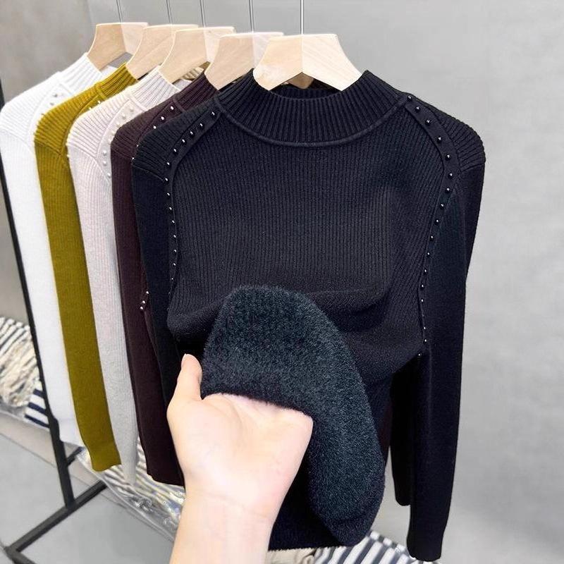 Fleece semi-turtleneck sweater women's integrated fleece bottoming sweater autumn and winter new beaded knitted sweater with thick top inside