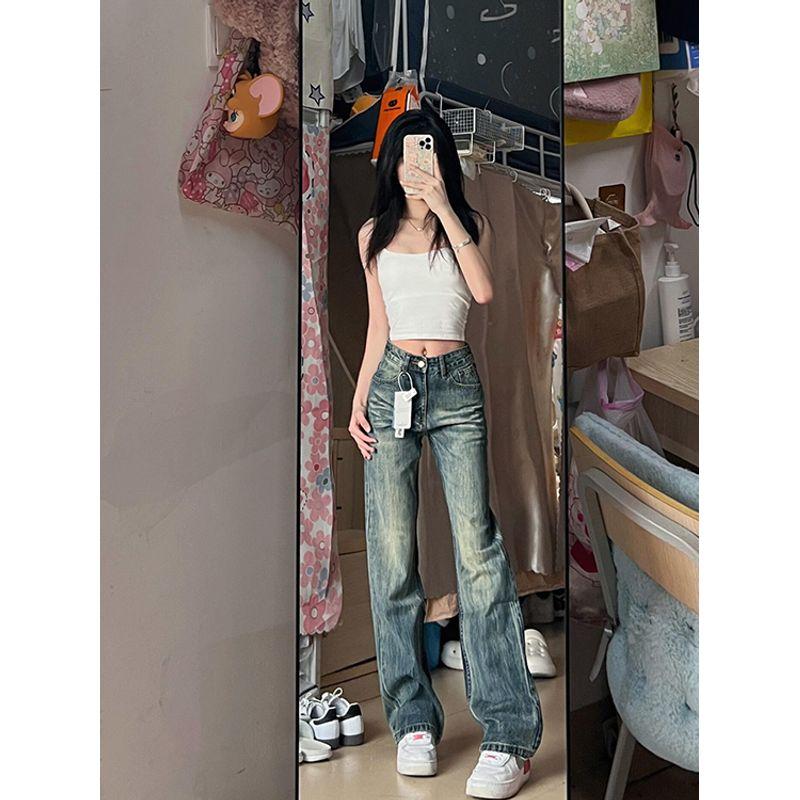 Small American Style Washed-out Vintage Worn Jeans Female High Waist Slim Looking Drape Narrow Version Straight Mopping Pants Summer