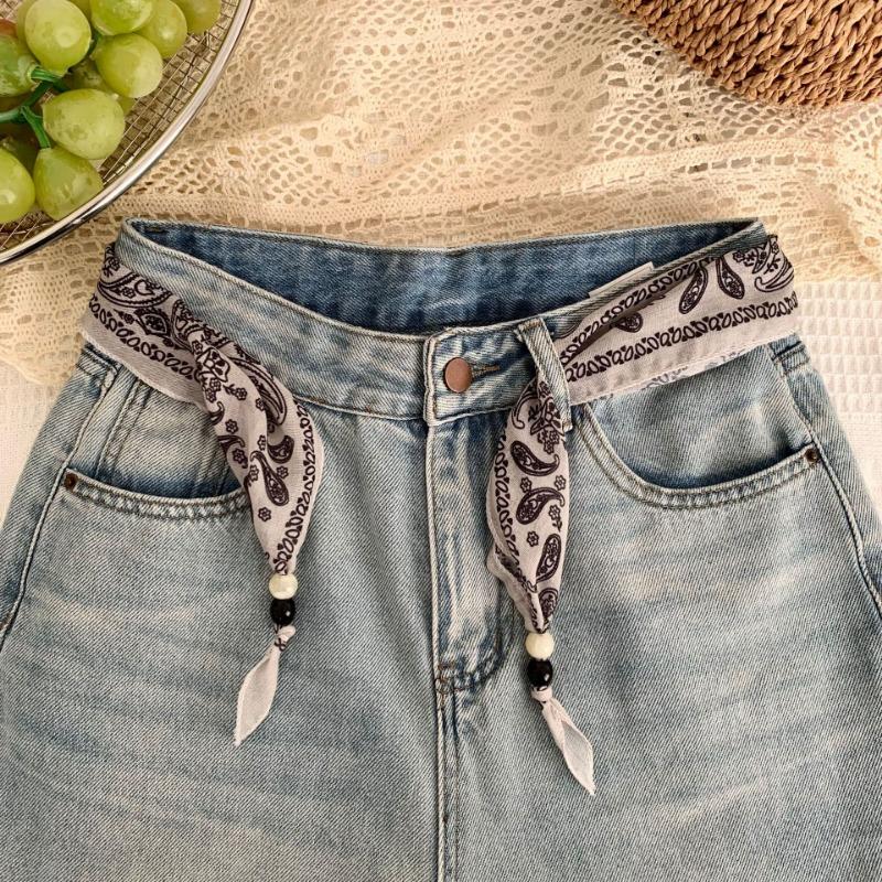 New high-end bohemian retro floral wood bead silk scarf women's tie headband small scarf belt accessories