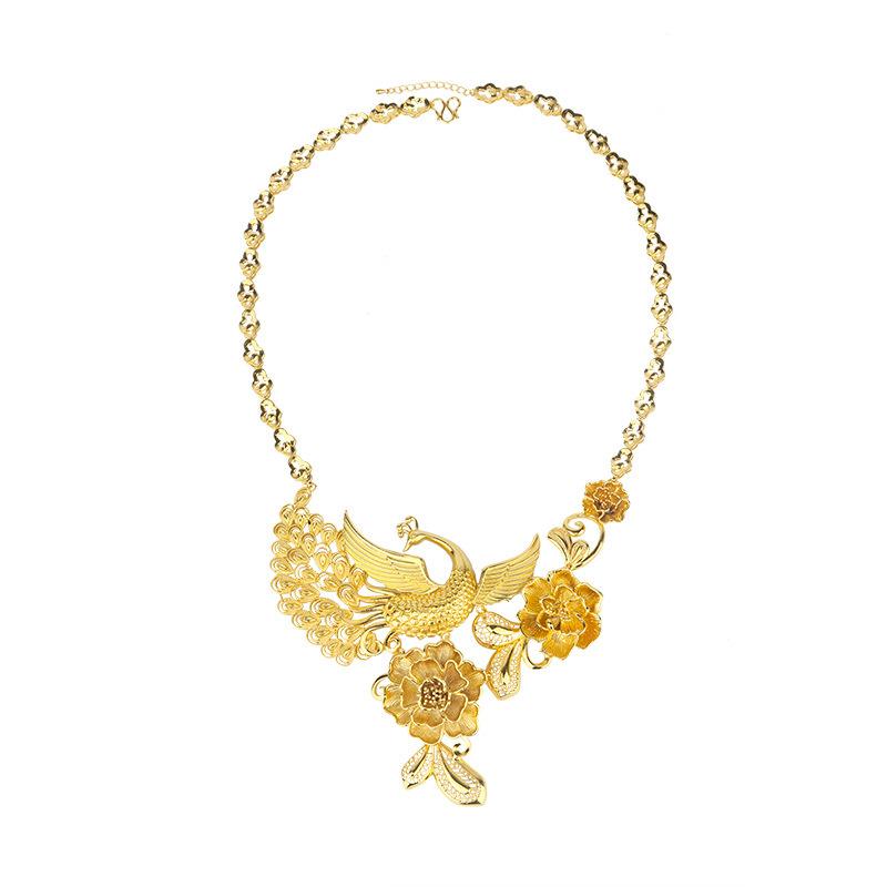 New Vietnamese gold-plated wedding necklace set, vintage ethnic style phoenix necklace for women, gold-plated and long-lasting