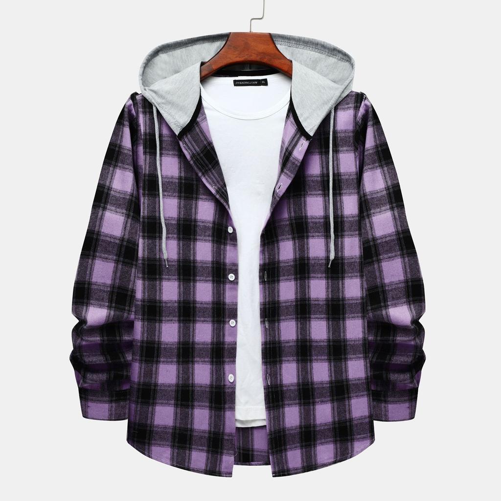 Autumn New Men's Casual Fashion Couple Hooded Plaid Long Sleeve Shirt Trend