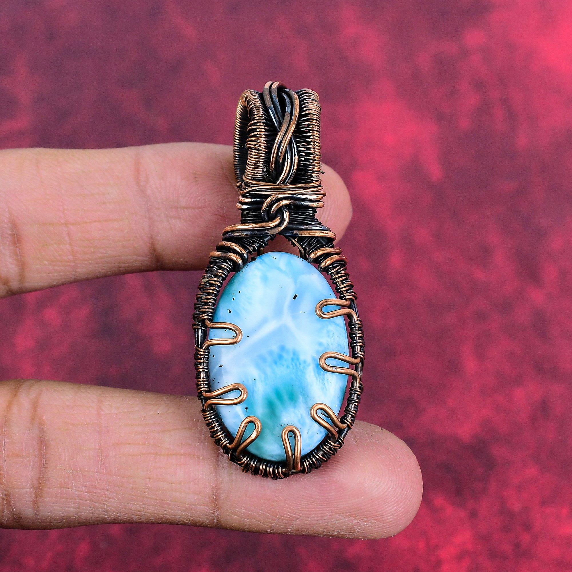 Larimar pendant copper wire wrapped pendant elegant jewelry handmade pendant copper wire wrap jewelry gifts for her genuine gemstone pendant