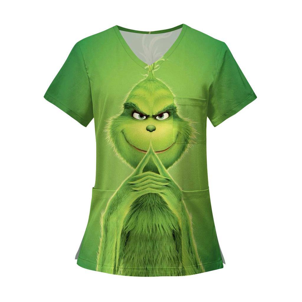 Camisetas de trabajo con bolsillos y cuello en V y manga corta estampadas a la moda para mujer