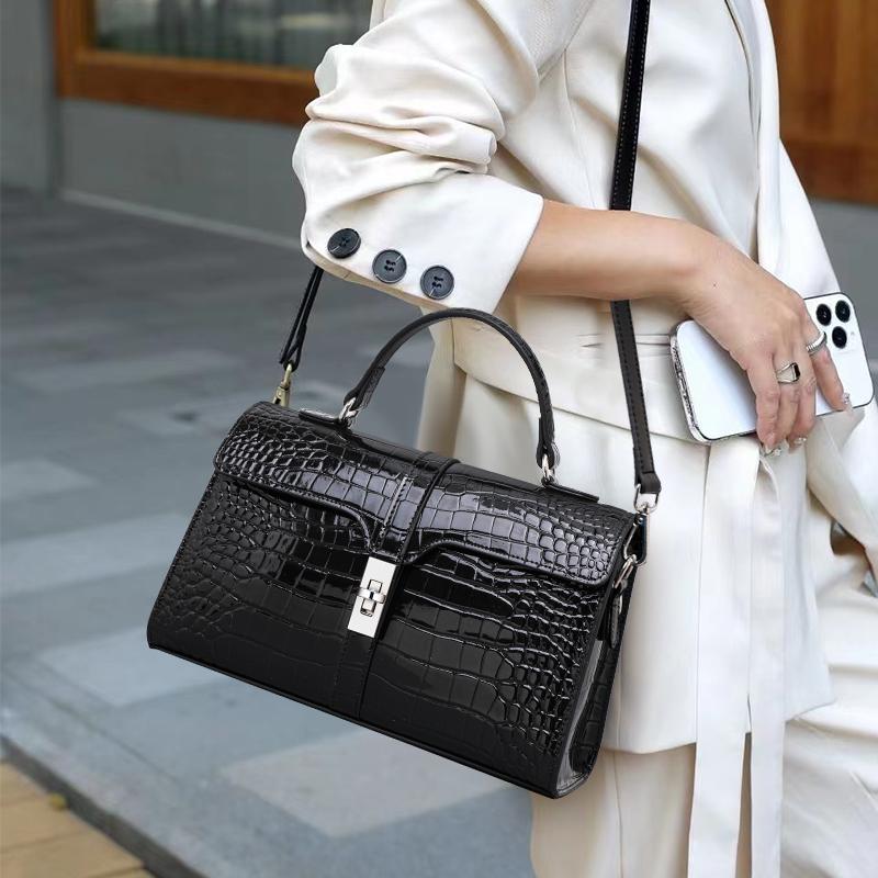 Ladies' Genuine Cowhide Leather Shoulder Bag with Flip Cover - Crossbody & Shoulder Style, Crocodile Pattern Pillow Bag