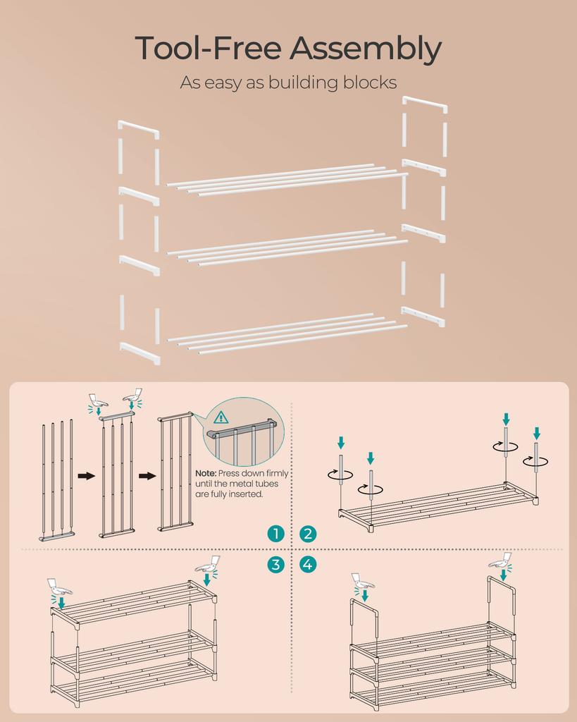 SONGMICS 3-Tier Shoe Rack, Shoe Storage Organiser, Metal Storage Rack, Upright or Upside Down, Fits 16 To 20 Pairs, Stackable, for Hallway