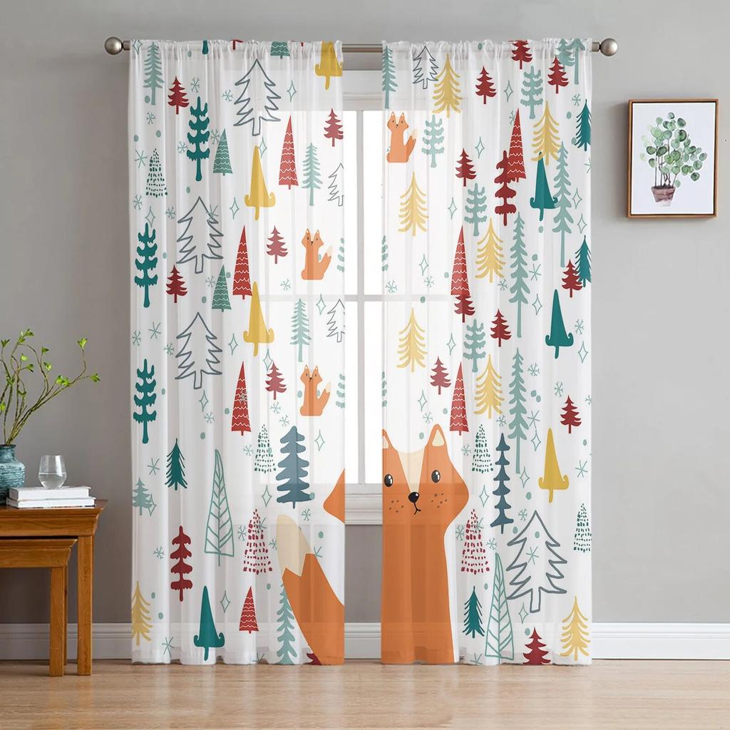 Animal Bird Fox Forest Winter Window Curtains for Living Room Kitchen Door Curtain Sheer Curtains for Bedroom