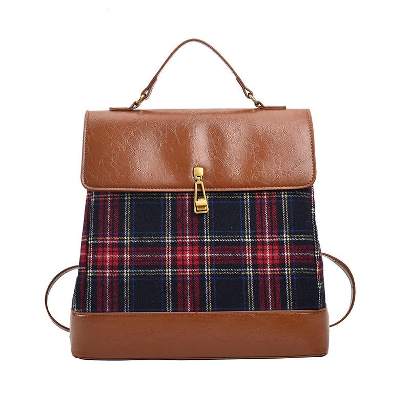 New trendy plaid women's bag, fashionable and casual color contrasting splicing portable shoulder backpack.