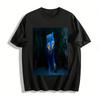 Cartoon Blue Cat Print Casual T-Shirt Unisex Loose Breathable Trendy Top For Daily Wear Pure Cotton T-shirt