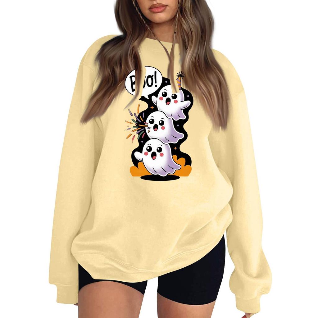 Women's Long Sleeve Neck Sweatshirt Loose Fit Casual Pullover Top with Small Halloween Print