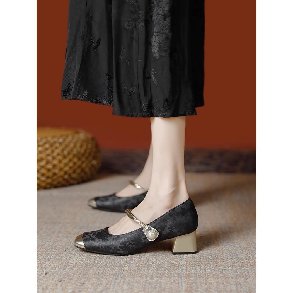 Retro cheongsam shoes new thick heel color matching Mary Jane high heels single shoes women