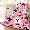 Pink Pumpkin Ghost Bow Spider Web Throw Blanket, Soft Halloween Themed Bed Couch Cover, Warm Indoor Home Decor Blanket