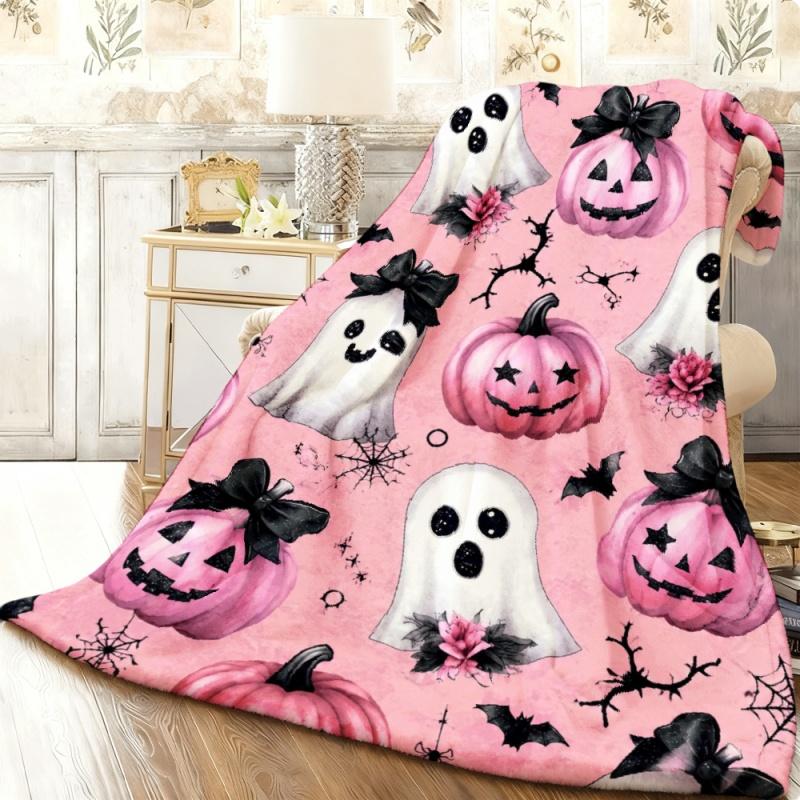Pink Pumpkin Ghost Bow Spider Web Throw Blanket, Soft Halloween Themed Bed Couch Cover, Warm Indoor Home Decor Blanket