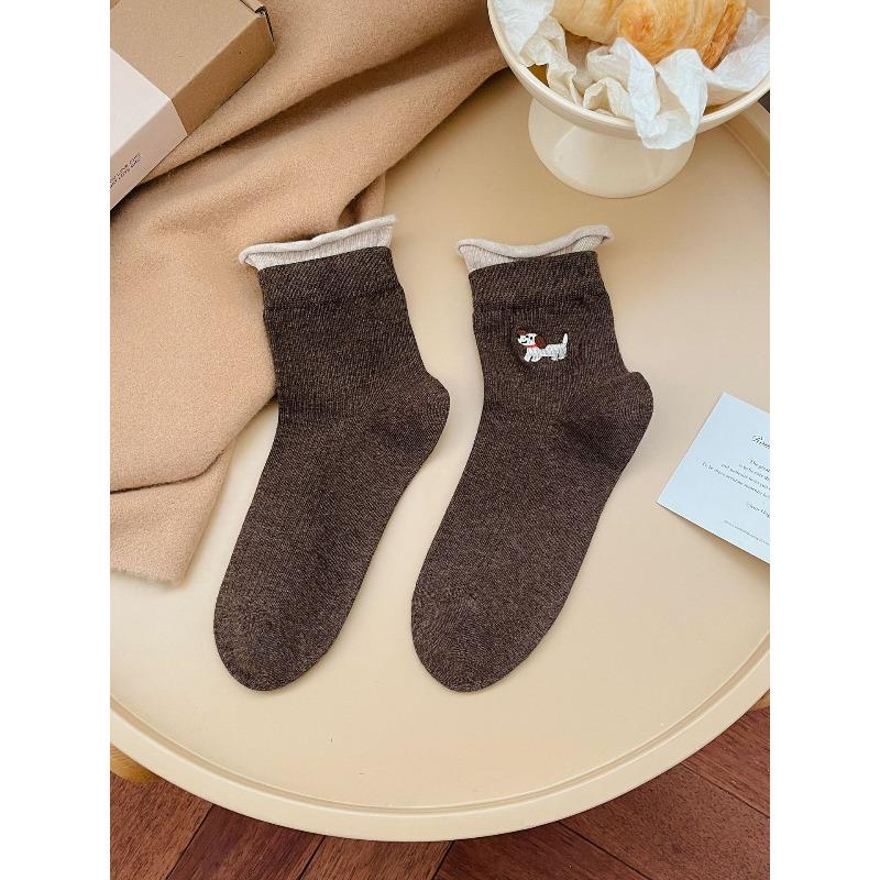 Ladies Autumn Winter Cotton Cute Cartoon Puppy Striped Curled Edge Double Mouth in Color Contrast Tube Socks