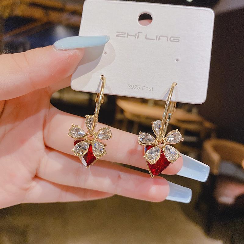 Fashion Atmospheric Red Velvet Bow Earrings Femininity Sweet Flower Long Fringed Versatile Earrings