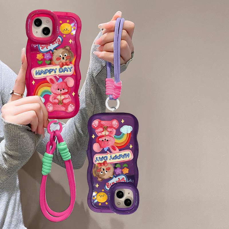 Graffiti Bear Lanyard for Apple 16promax Mobile Phone Case Huawei P70 Cute Xiaomi 15 Silicone 14 Bracket X