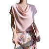 Women's High-End Short Sleeve Cowl Neck Satin Blouse