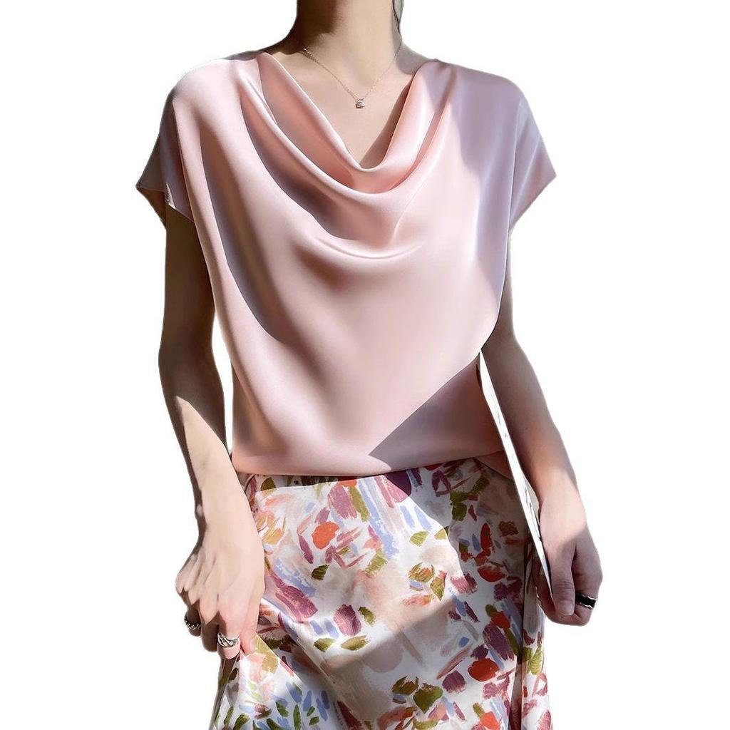 Women's High-End Short Sleeve Cowl Neck Satin Blouse