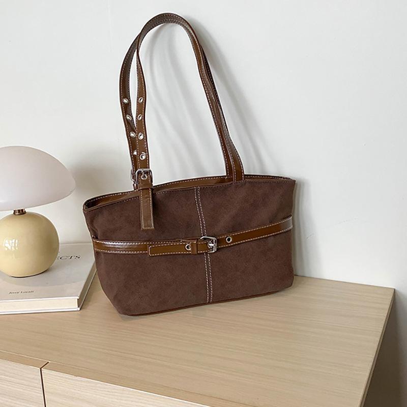 Retro Color‑Block Tote Bag, Metal Buckle Belt Accessory, Riveted Adjustable Shoulder Strap, Spacious Tote For Daily School, Office, Shopping Use