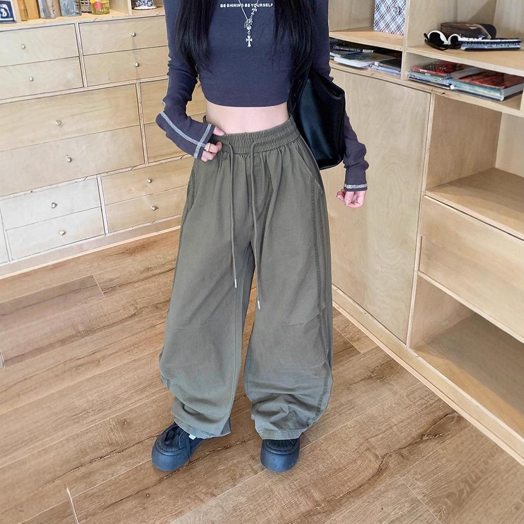 Plus Size Women's Pleated Wide-Leg Cargo Pants: Autumn Casual, Floor-Length Trousers