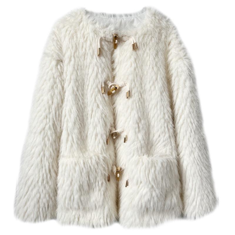 Light Fur Coat Medium and Long Lamb Wool Coat Winter Round Neck Horn Buckle Plush Clothes Women