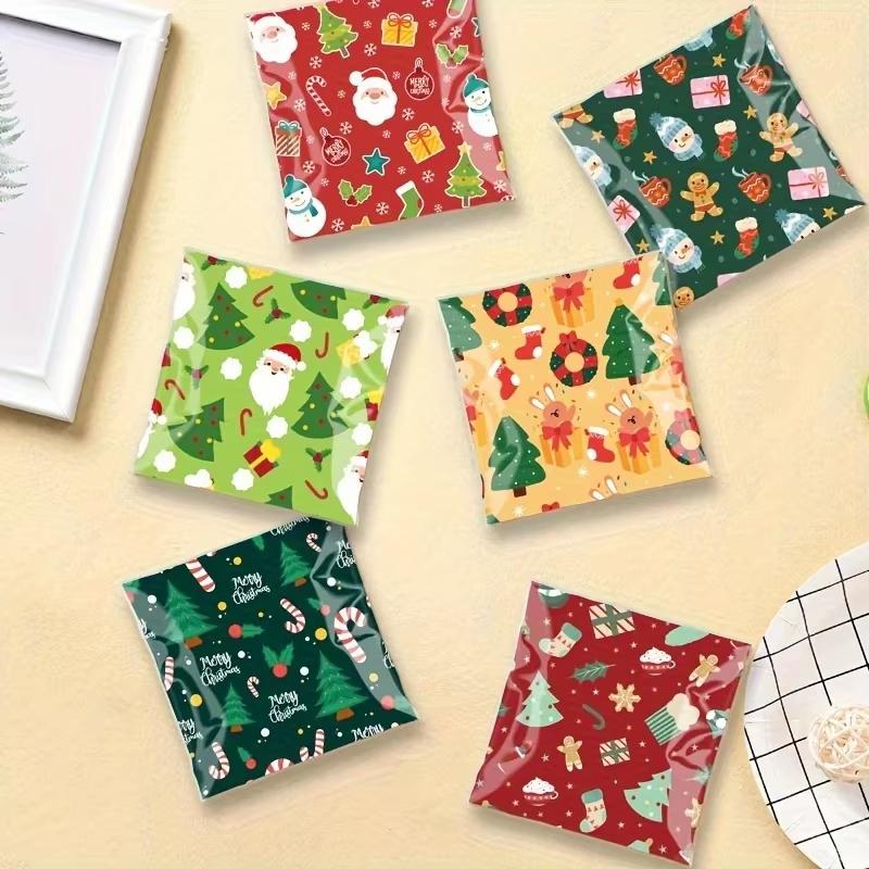 100PCS Christmas Gift Bags Xmas Candy Cookie Self-Adhesive Bag Baking Packaging Bags for Biscuits Cookies Party Decoration