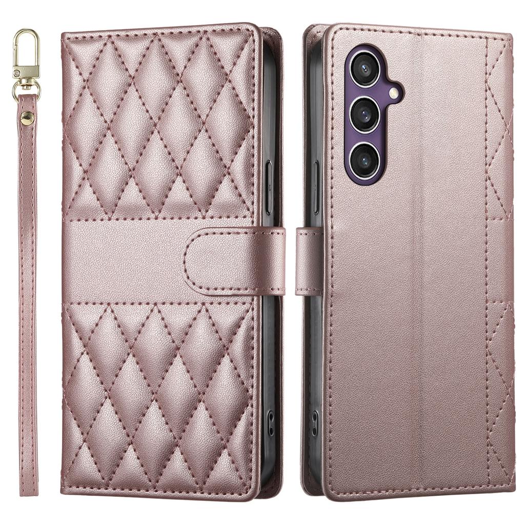 For Samsung Galaxy S23 FE Case Rhombus Stitching Wallet Stand Leather Phone Cover with Long/Short Strap