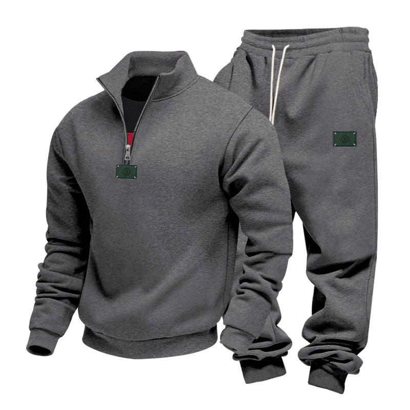 Mens Winter Thickened Fleece-Lined Casual Hoodless Jacket Pants Set Loose Fit Urban Style