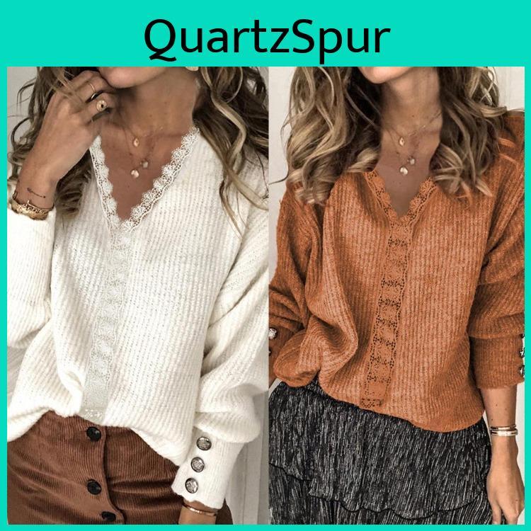 Loose Sweaters Winter Women Knit Long Sleeve Vneck Pullovers Autumn Lace Solid Tops Jumpers