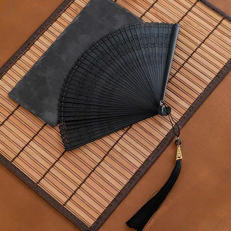 Chinese Style All-Bamboo Classical Fan for Women, Japanese-Style Ancient Classical Black Folding Fan, Bamboo Fan for Hanfu Dance, Portable and Easy