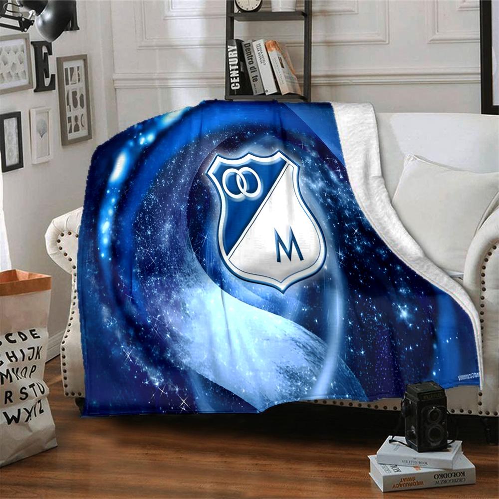 Blue And White Shield Millonarios Flannel Blanket, Soft Polyester, Modern Design, All-Season for Camping, Travel, Gifts for holidays or birthdays
