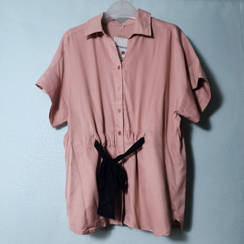 

Japanese Single Tail Goods Tencel Short-Sleeved Shirt Women s Lace-up Waist-Controlled Slimming Western Style Top Stylish Niche Style Summer Wear RUBBER PINK L