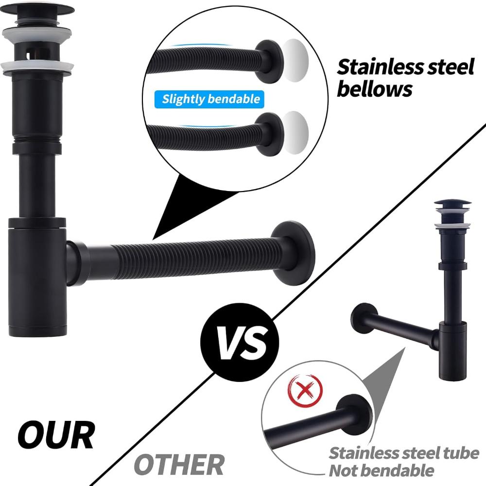 Design Siphon with Pop Up Valve Drain Fitting for Sink Black Matt, Universal Brass Siphon, Sink Plug,Odor Closure with Cleaning Opening