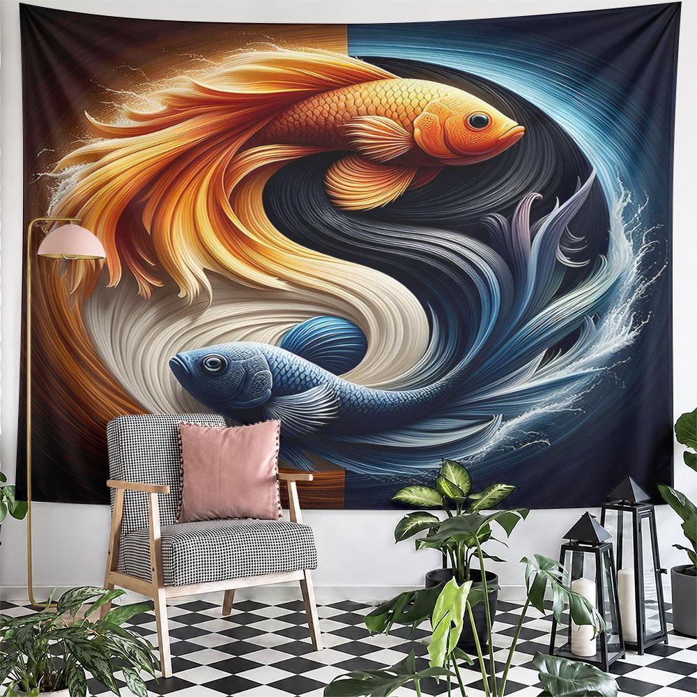 Yin Yang Koi Fish Art with Vibrant Colors Pattern Wall Hanging Tapestry Decorative Tapestry Home Decor for Bedroom and Living Room