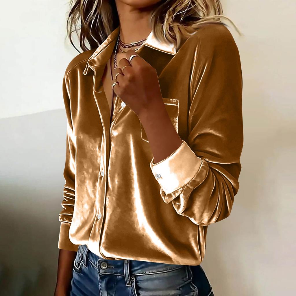 Damen Modisches Lässiges Langärmliges Kragenhemd Top aus Samt Übergröße