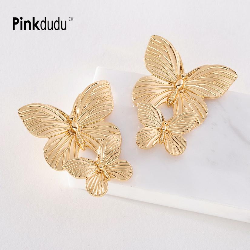 Pinkdudu Golden Butterfly Stud Earrings Alloy Exaggerated Fashion Party Simple Personality Animal Earrings for Women Jewelry Gifts PD1217