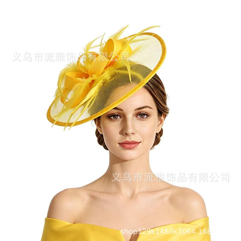 Vintage Bridal Mesh Headdress Feather Head Flower Headdress Top Hat Wedding Dress with Racing Party Headdress