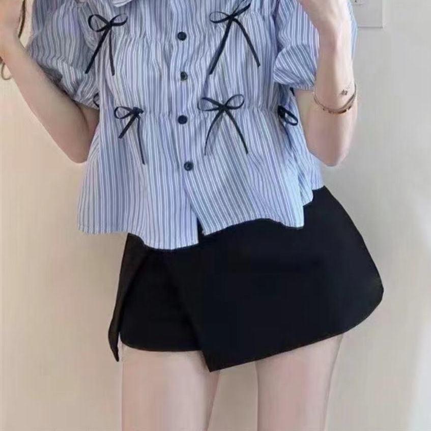 Women s Summer French Stripe Polo Shirt with Puff Sleeves & Bowknot 2XL