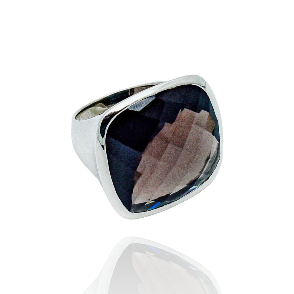 Cushion Cut Smoky Quartz Ring: Sterling Silver Unisex Band